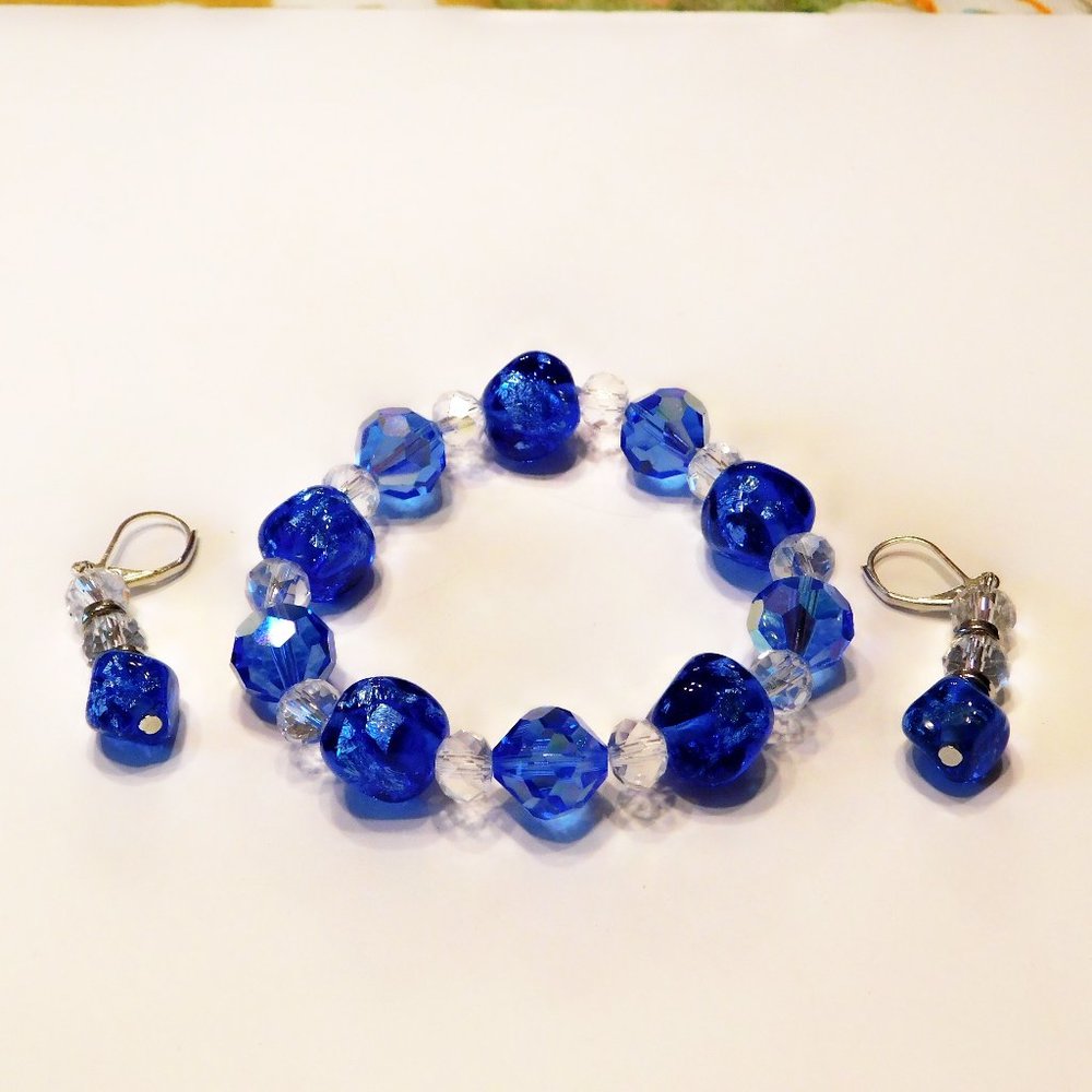 Handmade Blue Stretch Bracelet & Earrings  - 7.25"